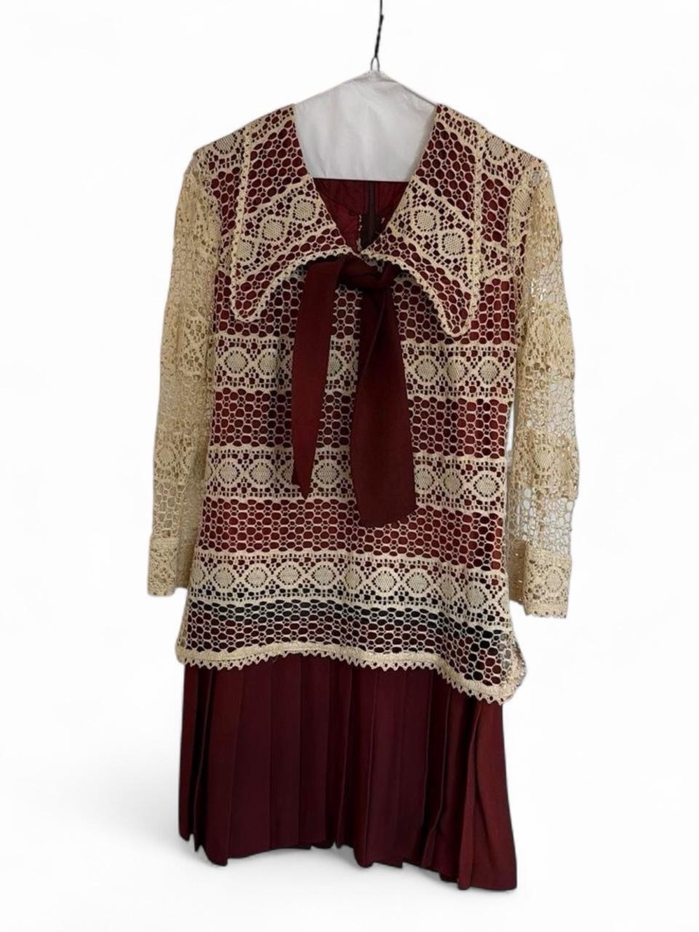 1960’s Vintage~ Maroon Dress with Cream Crochet Overlay